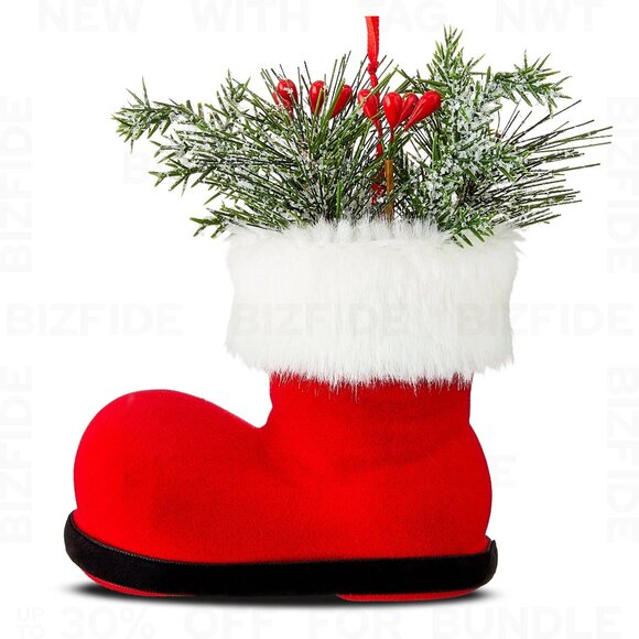 Floral Santa Boot Christmas Ornament With Realistic Greenery & Snow - Picture 3 of 5